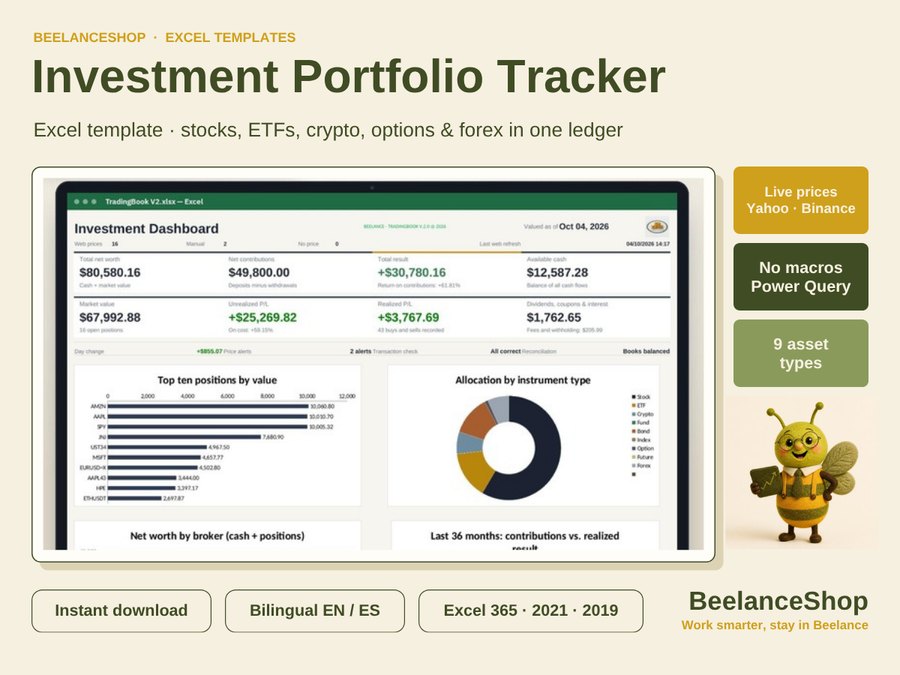 Investment Portfolio Tracker Excel dashboard with net worth, allocation and top positions